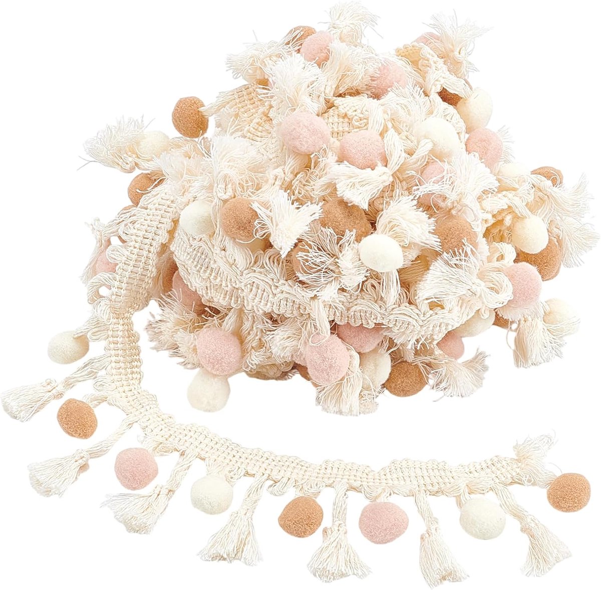Franjeband met pompons, 1,8 m en 3 cm, franjesrand met mini-kwastjes, polyester bekleding voor knutselwerk en naaiaccessoires