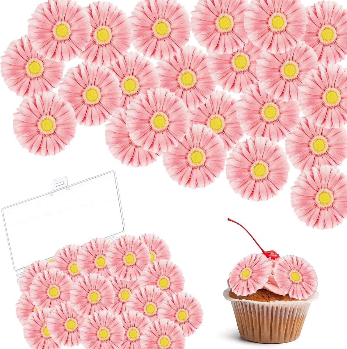 Bloemen voor taarten, 40 stuks madeliefjes taartdecoraties. Eetbare bloemen taartdecoratie, eetbare papieren bloemen cupcake toppers voor fondant muffins. Verjaardag