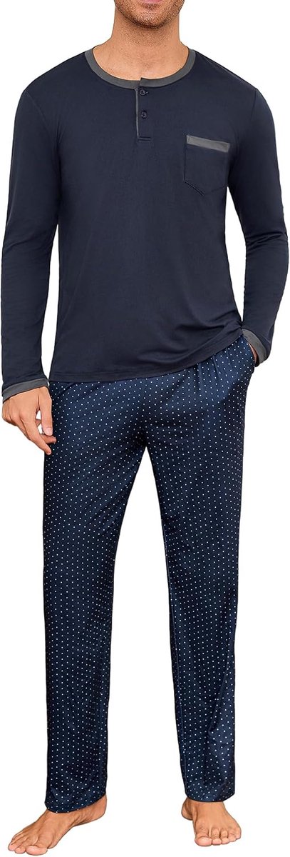 Herenpyjama van katoen, warm, lang, met knopen, tweedelig, voor de winter, zacht en comfortabel, bedrukt S-4XL