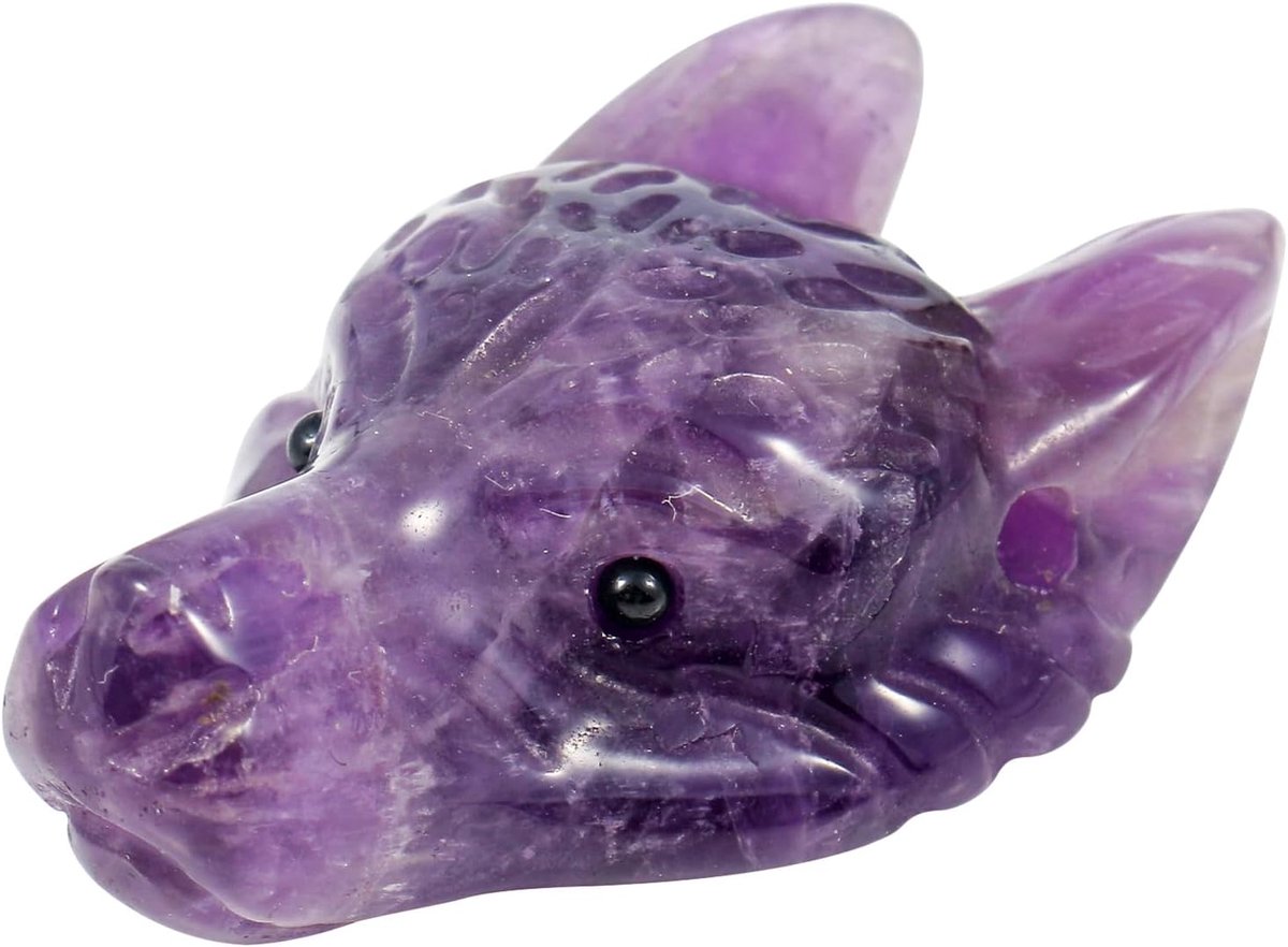 Amethist Wolf Hoofd Steen Standbeeld, Mini 40mm Dier Healing Kristal Zak Sculptuur