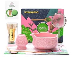TEANAGOO 7 Piece Pink Matcha Whisk Set with Cherry Blossom Design, Complete Ceremony Set, Ceramic Chawan Bowl with Spout, Whisk and Accessories, Traditional Matcha Tea Set for Slats and Gift