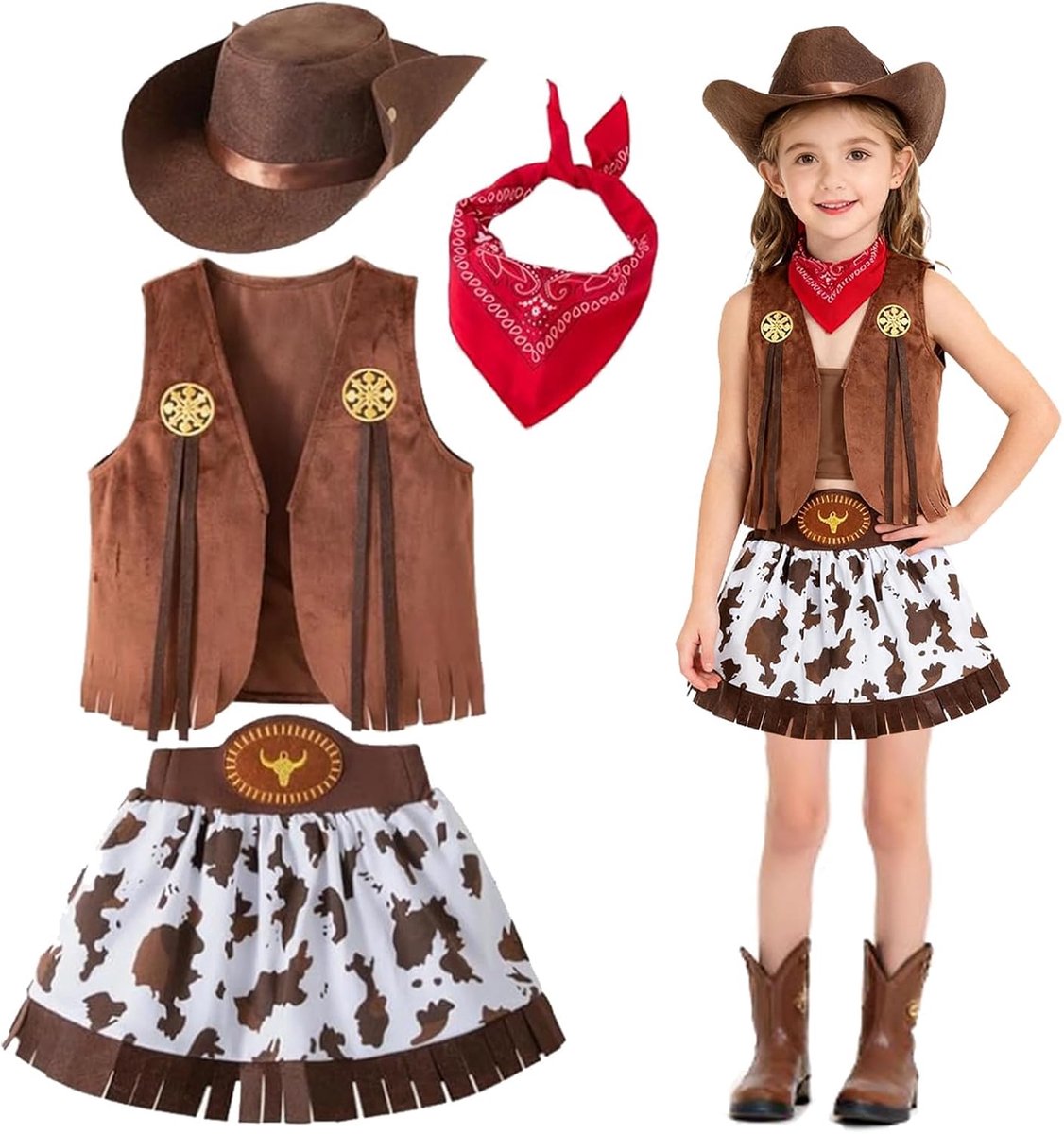Cowgirl-kostuum voor meisjes, met cowboyhoed, vest, halsdoek (5-6 jaar)