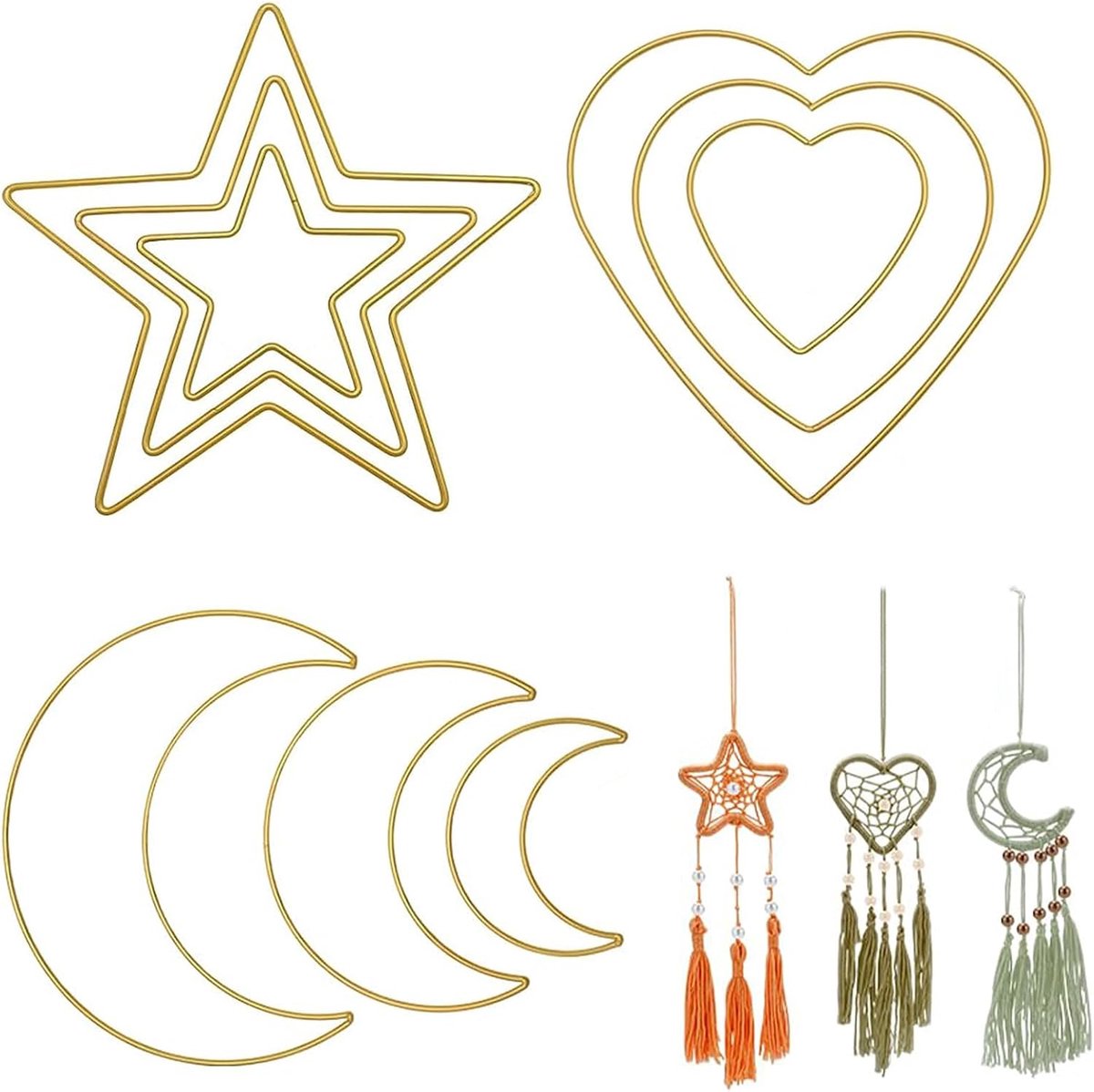 Dromenvangers van metaal, goud, ringen in maanvorm, ster, hart, om te knutselen, macramé en wanddecoratie, kit in 3 maten voor creatieve hobby's (50/100/150 mm)