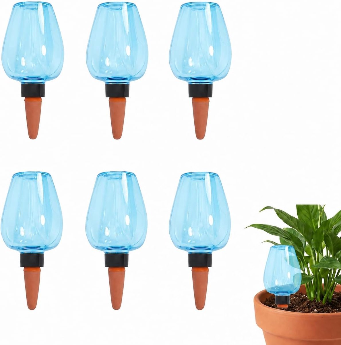 Bewateringsballen, 6 stuks, plantenirrigatie met kleikegel, 350 ml, waterdispenser, planten, zelfbewatering voor kamerplanten, bloempotten, blauw