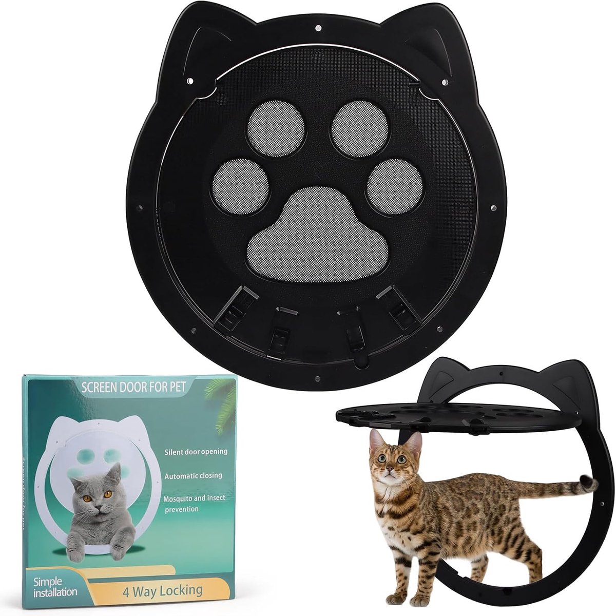 Kattenklep voor vliegengaas, kattendeur voor raam, kattenklep, binnendeur, buitendeur, hondenklep, K-kattendeur voor vliegengaas met magneet en slot, kattendeur (zwart)