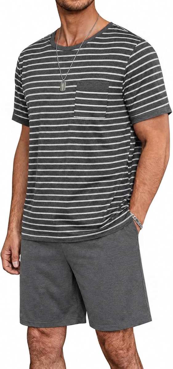 Pyjama voor heren, katoen, zomer, korte mouwen, met shorts, effen, pyjamaset voor heren, ronde hals, met zakken, nachtkleding voor heren