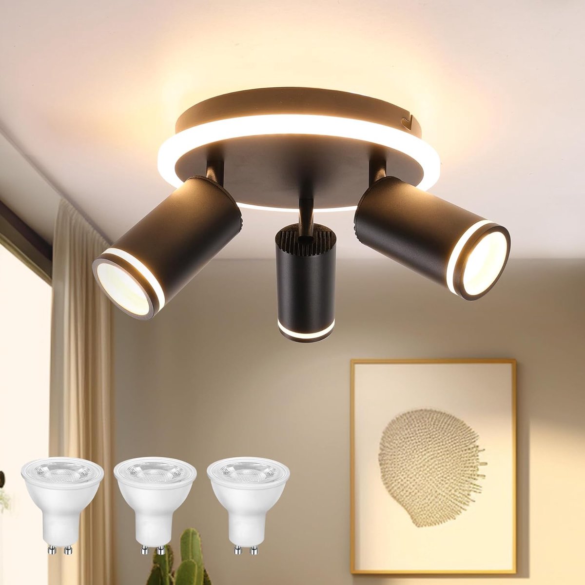 Plafondlamp, 3 spots, oriënteerbaar, moderne zwarte plafondspot, plafondarmatuur met onderverlichting 8W+3x5W GU10 spots, warm wit 3000K, ronde LED plafondspot voor keuken, woonkamer, slaapkamer