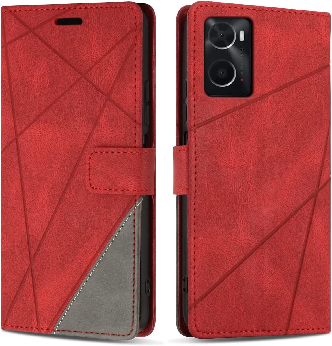 Hoesje voor OPPO A96 / A76, Premium Lederen Portemonnee Beschermhoes Telefoonhoesjes met Kaartenvakken Beschermhoesje voor OPPO A96 / A76, Rood