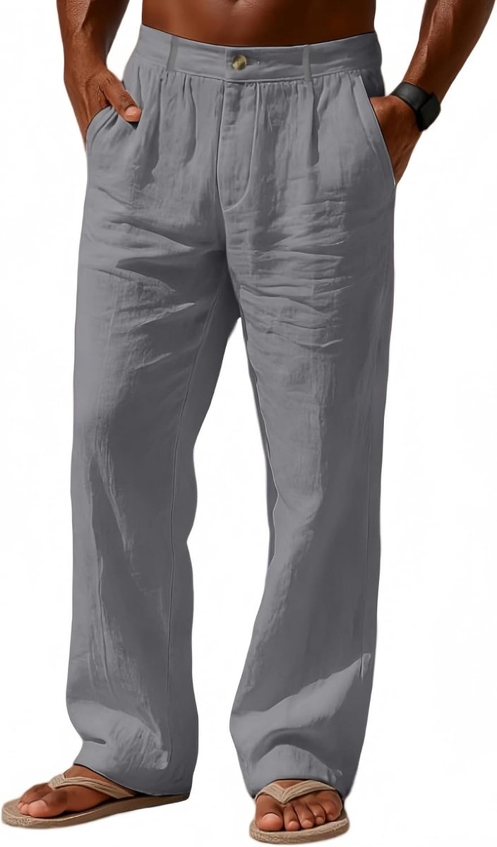 Broek voor heren, lichte zomerbroek voor het strand, losse pasvorm, elastische tailleband met ritssluiting