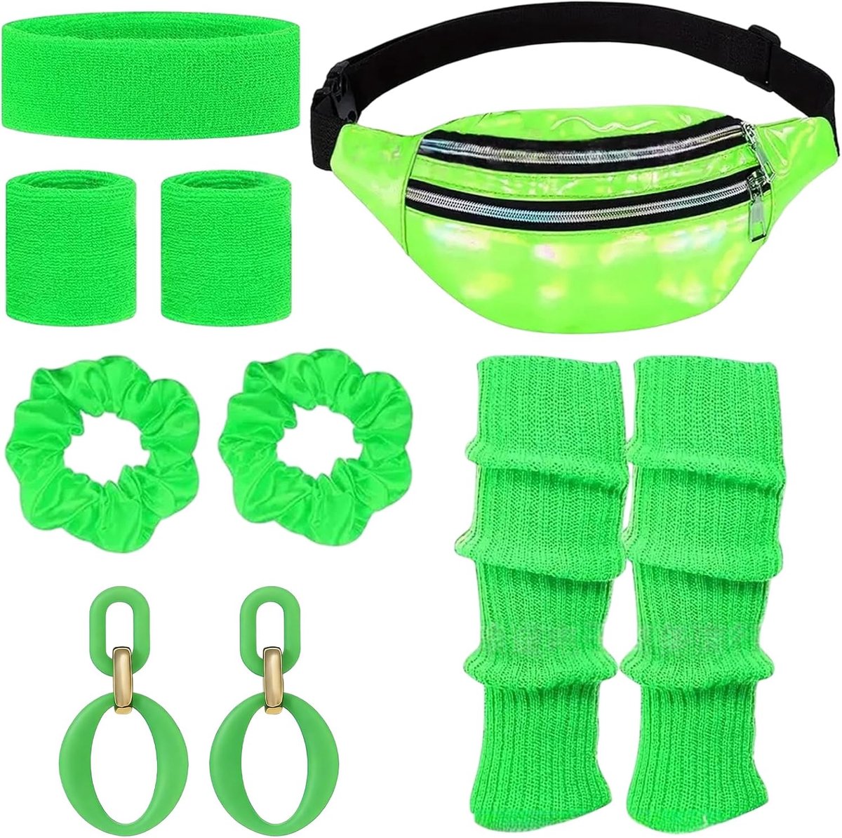 80s outfit dames retro kostuum kleding accessoires jaren 90 kleding accessoires kostuum hoofdband, beenwarmers, oorbellen, riemtas en bril voor carnaval