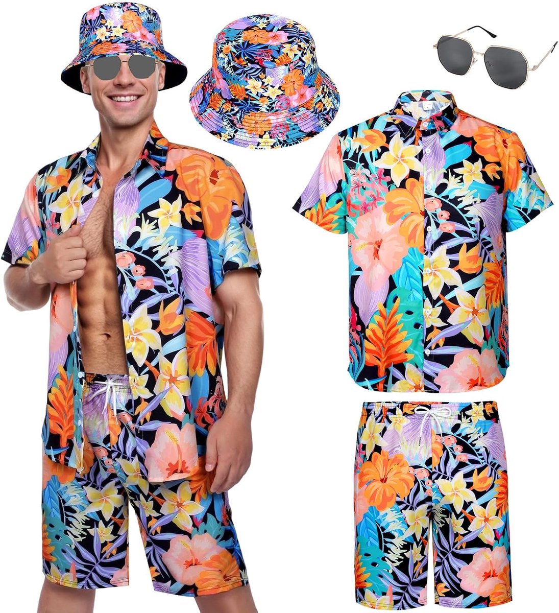 Hawaïhemd voor heren, korte mouwen, casual, bloemen, Hawaïhemd set met shorts, vissershoed, Hawaïkostuum voor zomer, strand, feest
