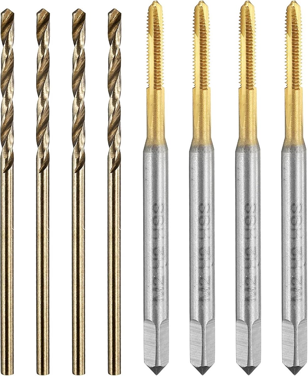Draad tap set met 4 M2 x 0.4 metrische spiral point tap boren en 4 stuk 1.6mm twist boren, titanium gecoat, voor precisiewerk en metaalbewerking
