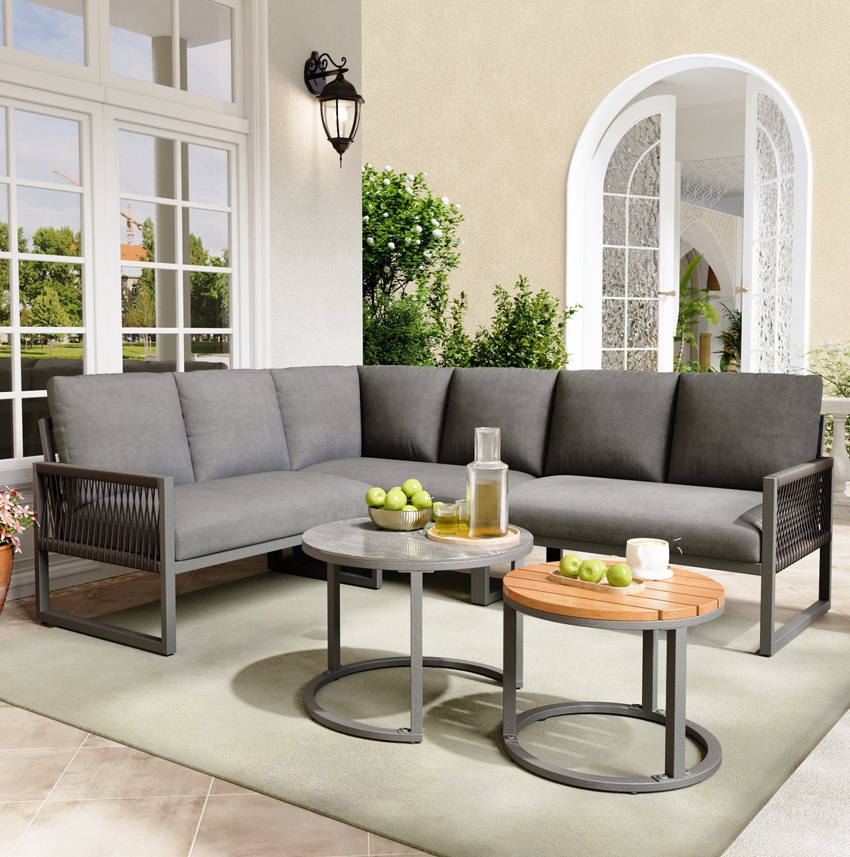 MEUNIQ Grijze hoek loungeset voor 6-7 personen met 3 sofa-elementen, 2 salontafels, zit- en rugkussens, verstelbare poten voor tuin en terras