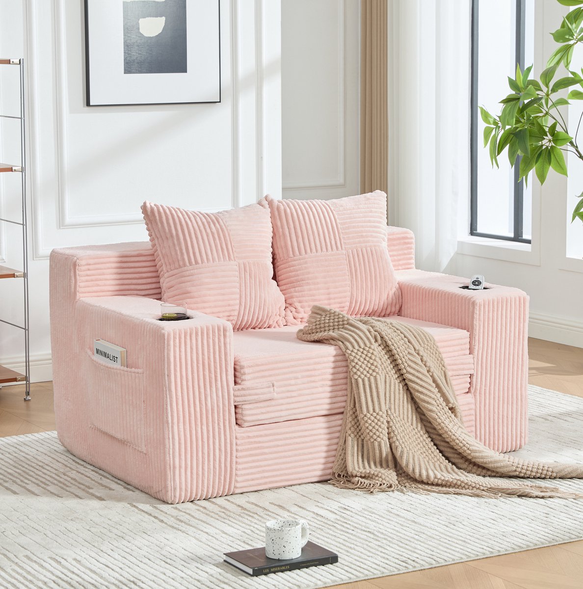 MODENUIT Slaapbank 151 x 133 cm - 2-Zits Met 2 Kussens En Bekerhouder - Woonkamer - Ribfluweel Roze