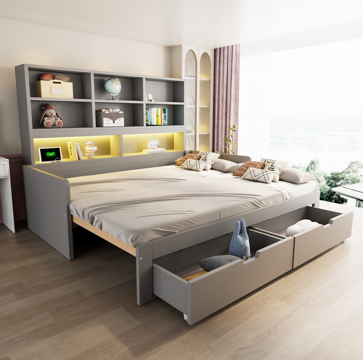 MODENUIT Slaapbank - Uitbreidbaar 90 x 200 naar 180 x 200 cm - MDF - Grijs - Opbergruimte - LED-verlichting - Stekkerdozen
