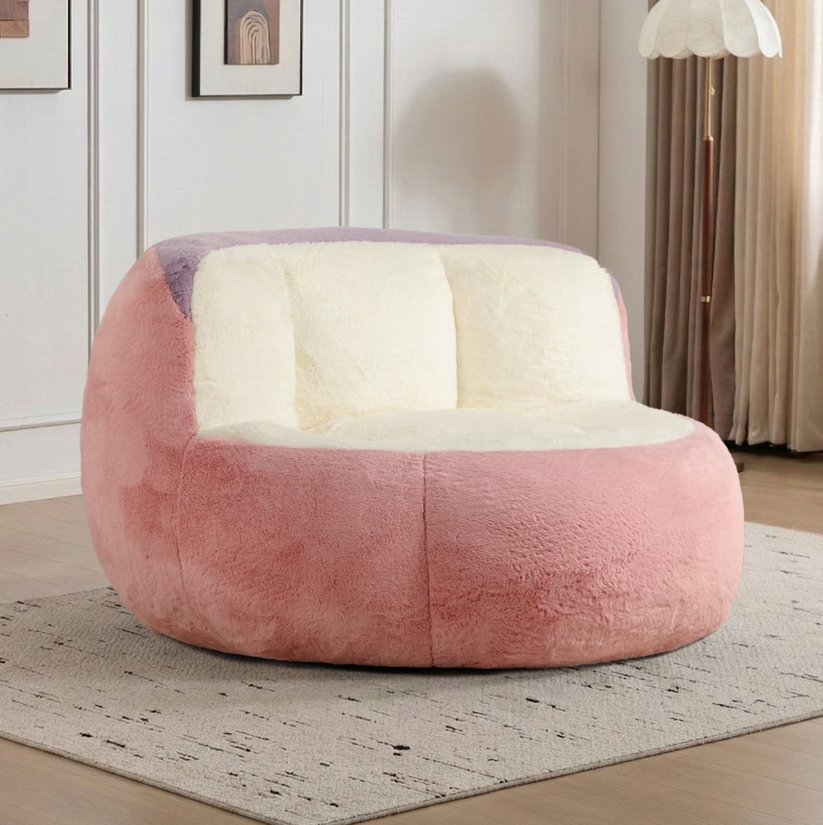 DESMIU Zitzakstoel 56 x 45 x 31 cm - Met Rugleuning En Veerkrachtige Schuimvulling - Voor Woonkamer En Leeshoek - Imitatiebont - Multicolor Roze