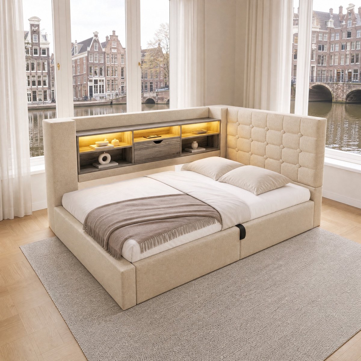 WUVRIE Gestoffeerd bed 90x200 cm met L-vormig hoofdbord, LED, hydraulische opbergruimte, inclusief matras, beige