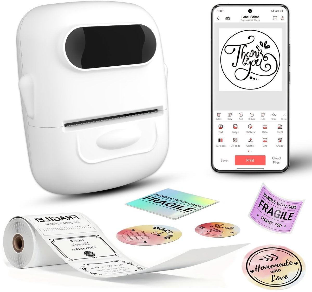 Draagbare mini-draadloze thermische labelprinter met diverse sjablonen, inclusief 1 rol papier, draadloze verbinding met smartphones en computers, voor thuis en op kantoor, oplaadbaar via USB