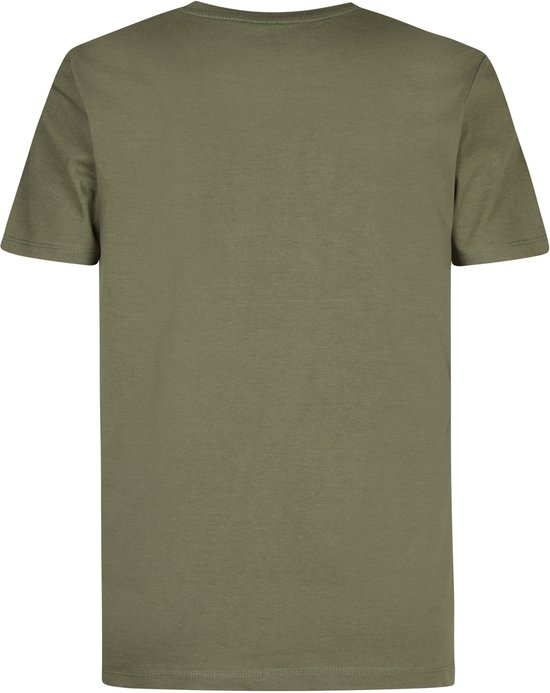 Achterkant van een lichtgroen t-shirt met korte mouwen.