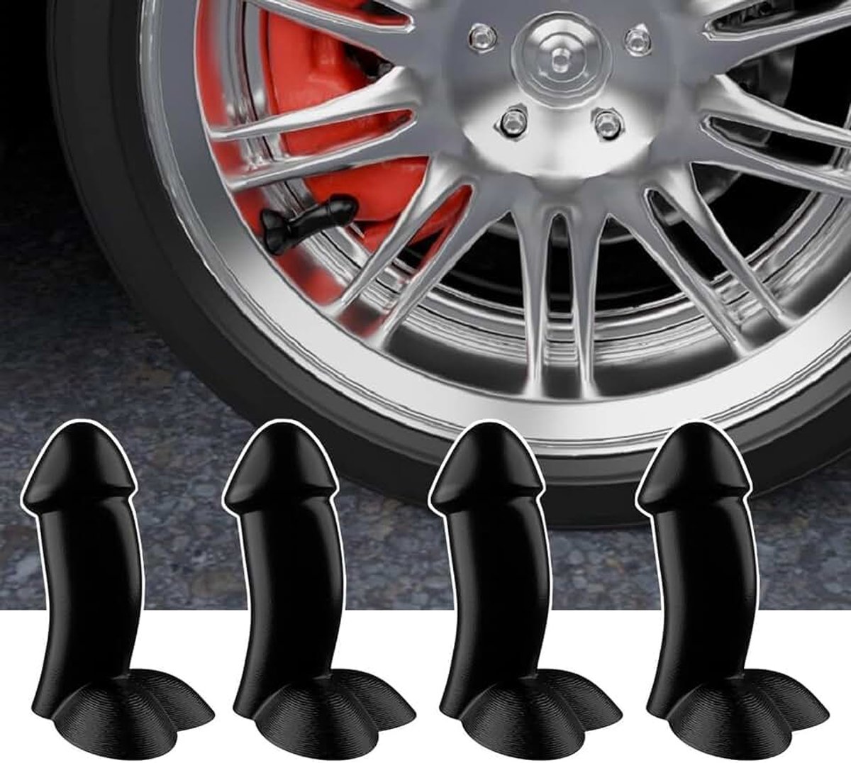 Ventieldoppen voor de auto, set van 4, extremistisch, grappige ventieldoppen, opvallende auto-accessoires, cadeau voor grappen en feesten, universeel voor auto, fiets (zwart)