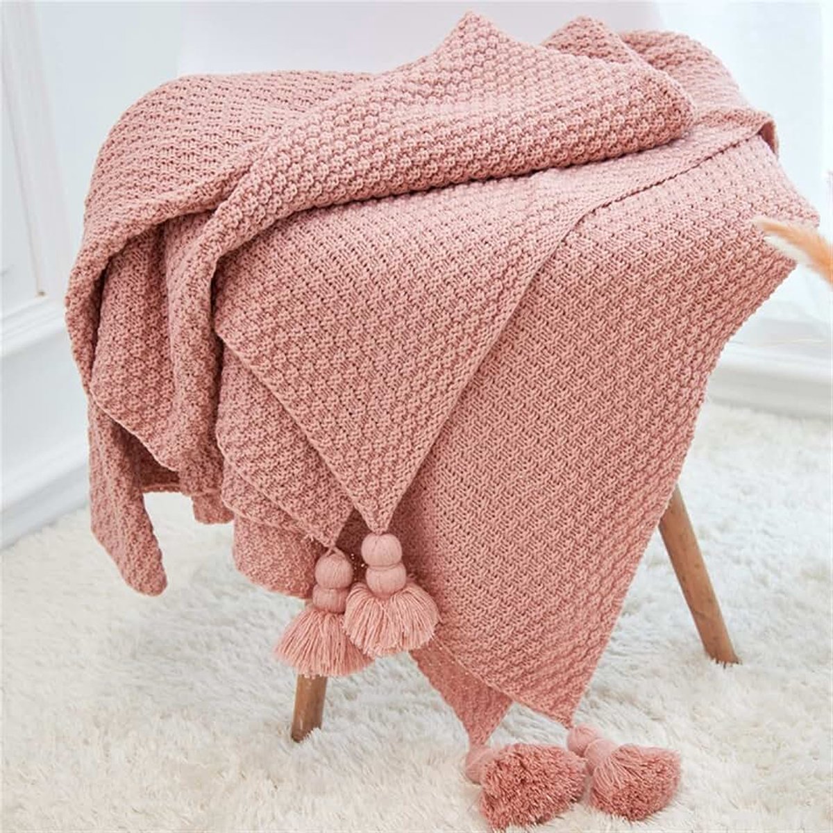 Gebreide Deken for Sofa Shawl Macrame Tassel Pompom Gebreide bedsprei-deken Zachte deken (Color : Pink, Size : 80x100cm)