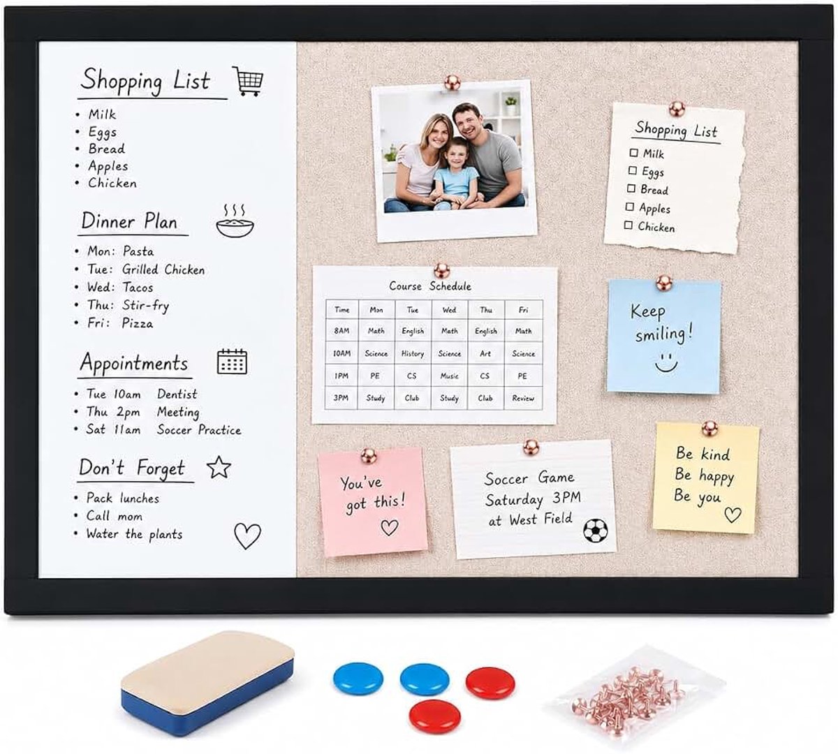 2-in-1 combi-bord, 60 x 40 cm, magnetisch whiteboard met vilten prikbord, wandbord als memobord en fotowand met accessoires voor kantoor, thuis, kleuterschool, klaslokaal, weekplanning