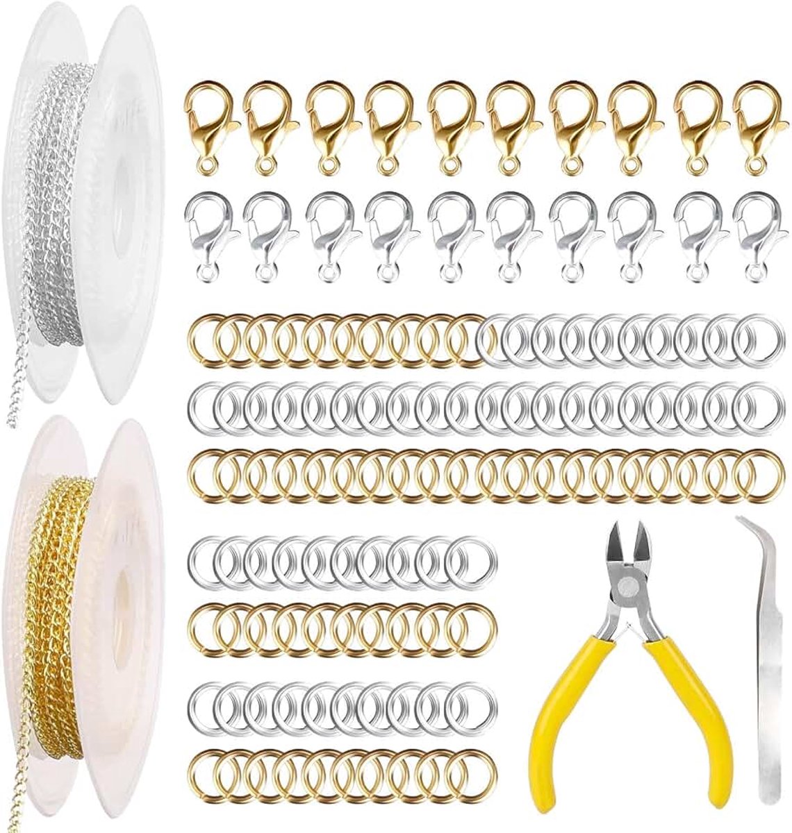 2 stuks 5 m sieradenketting schakelketting per meter sieraden maken kit zilver geel sieraden maken ketting dunne sieraden schakelketting met 40 karabijnsluitingen en 100 buigringen voor doe-het-zelf