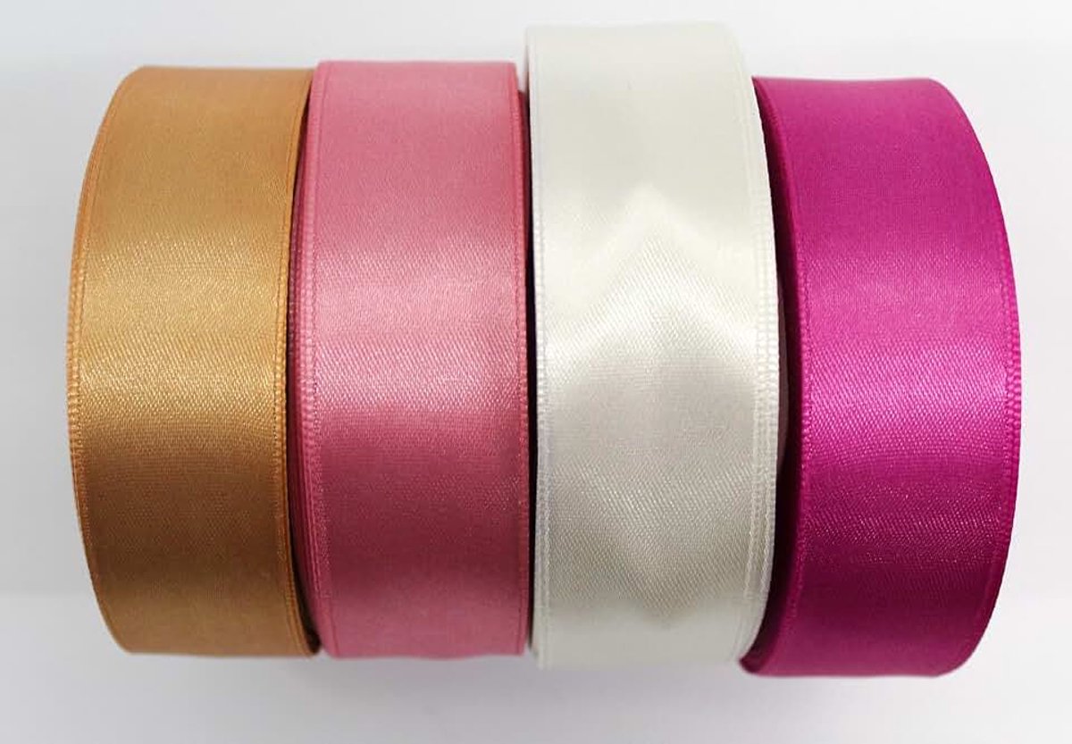 4 kleuren, 25 m, premium lint, set van 25 mm, voor geschenkstrikken, stoffen lint, duurzaam, cadeaulint, kant-en-klare strik, kerststrik, stoffen lint