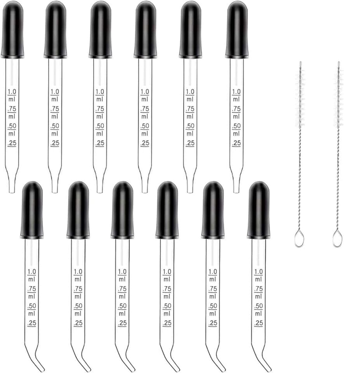 Glazen pipet druppelaar, 12 stuks glazen pipet met 2 reinigingsborstels, gebogen en rechte punt gekalibreerde medicijnpipet van glas voor vloeistoffen, voeding, oren, laboratorium