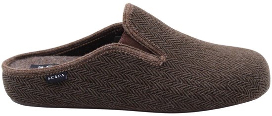 Bruine pantoffel met visgraatmotief, Scapa logo.