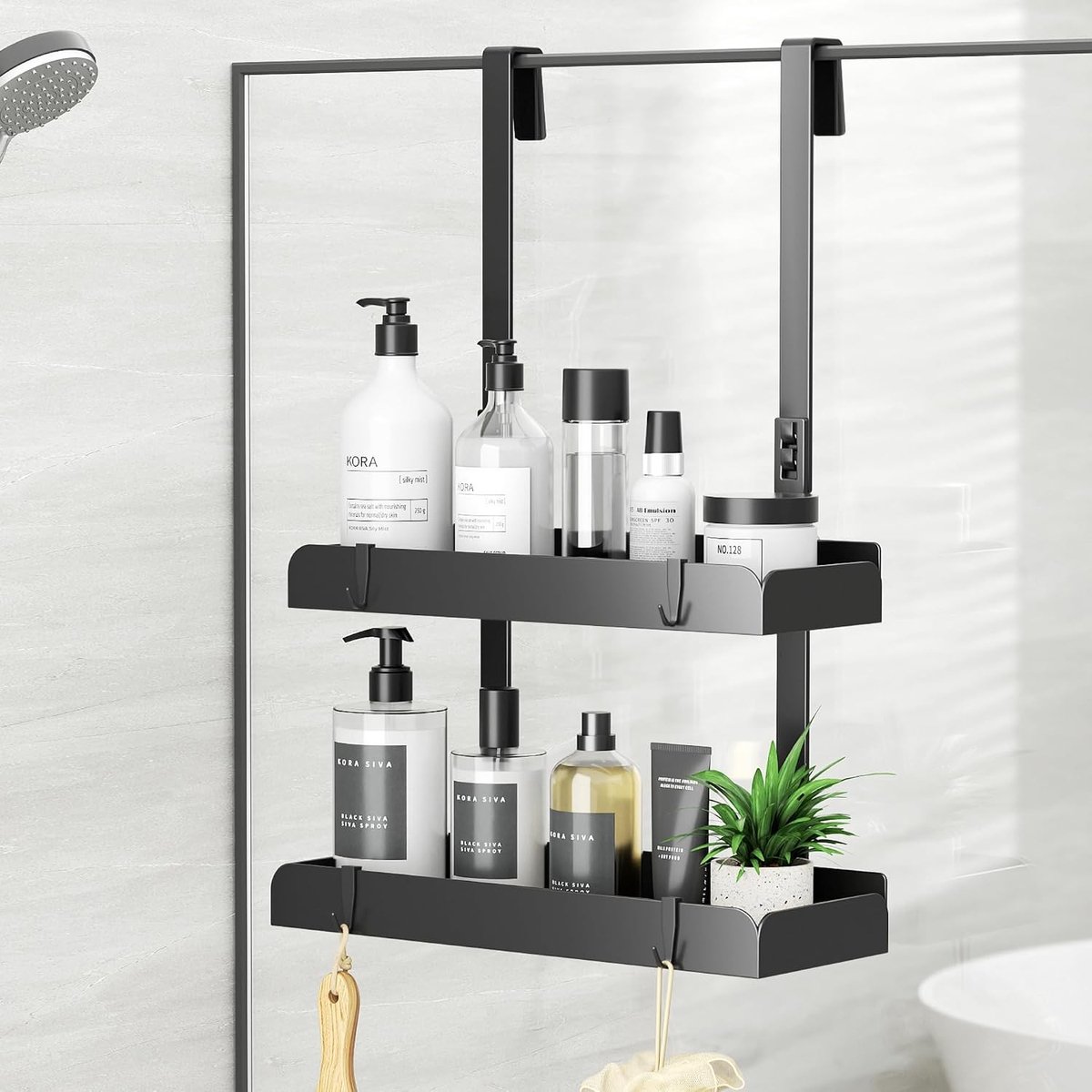 Doucheplank - Zwart - 55,5 cm hoog - Roestvrijstalen Douchemand met 2 Verdiepingen - Badkamerorganizer voor Shampoo