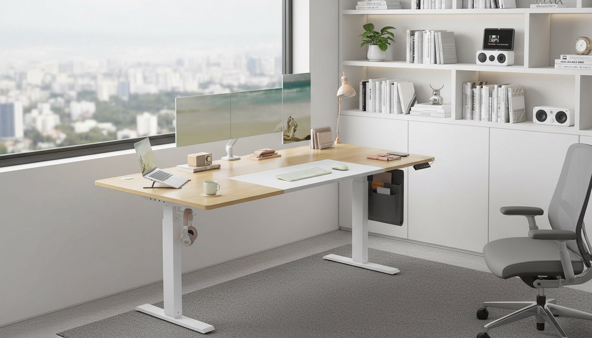 Elektrisch In Hoogte Verstelbaar Bureau 180 x 80 cm – Medahomestore Zit-Sta Bureau met USB-C, 4 Geheugenstanden, Kabelmanagement en Organizer – Natuureiken Mat Wit