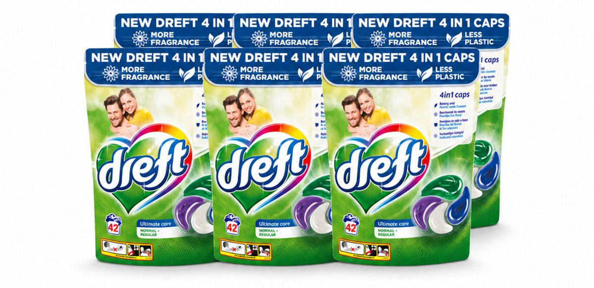 6 x Dreft - Wasmiddelcapsules - Ultimate Care - Zachte verzorging - 42 Wasbeurten - Voordeelverpakking - 6 stuks