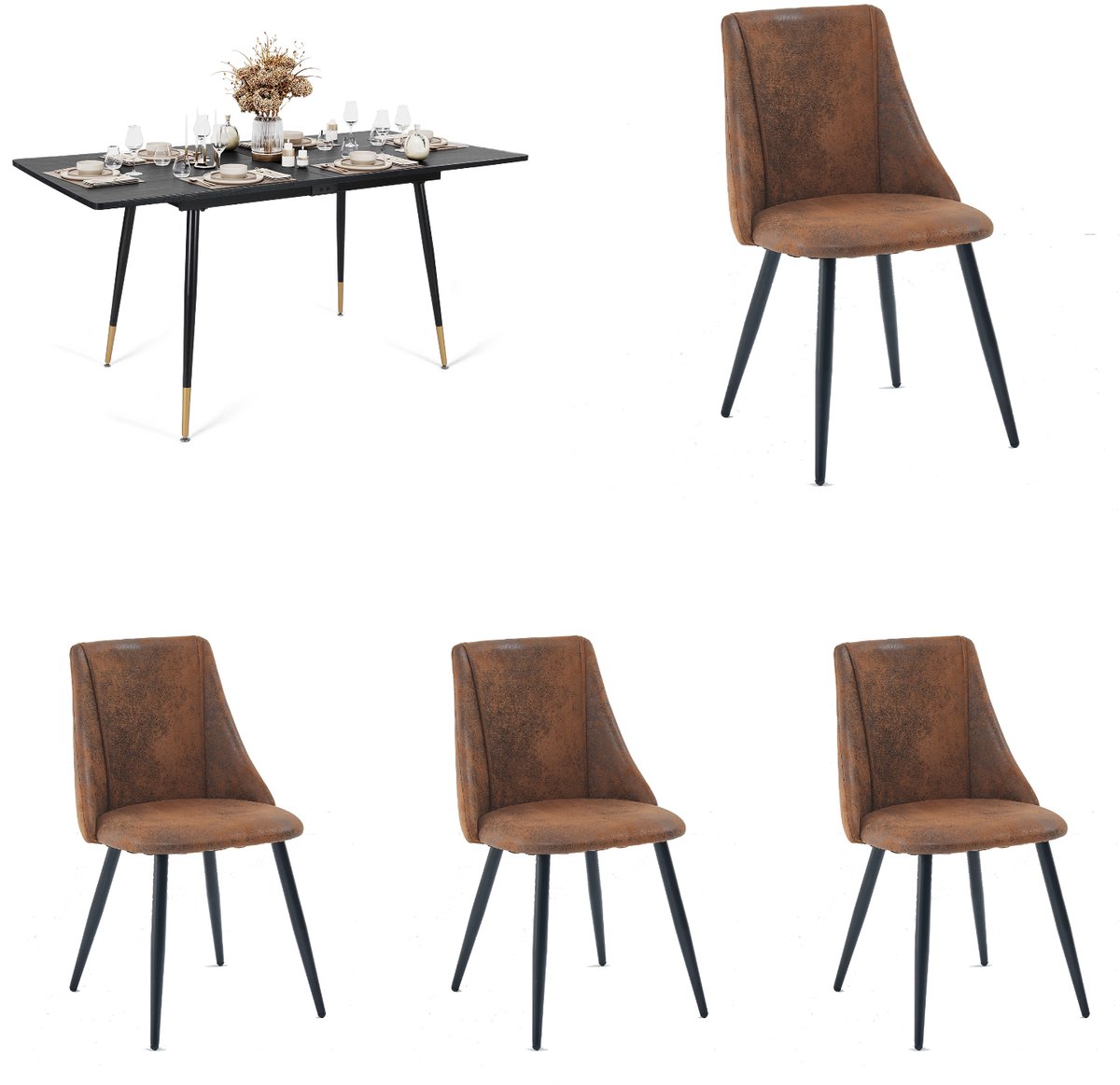 Eetkamerset - Uittrekbare Tafel En 4 Vintage Suede Stoelen - Bruin