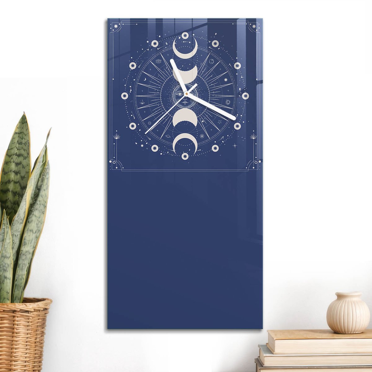 ArtPrintCave Marine Glazen Klok - 30x60 cm - Rechthoekige Wandklok - Maanfasen Stille Wandklok - Kunst Wandklok Keuken - Witte Klokwijzers