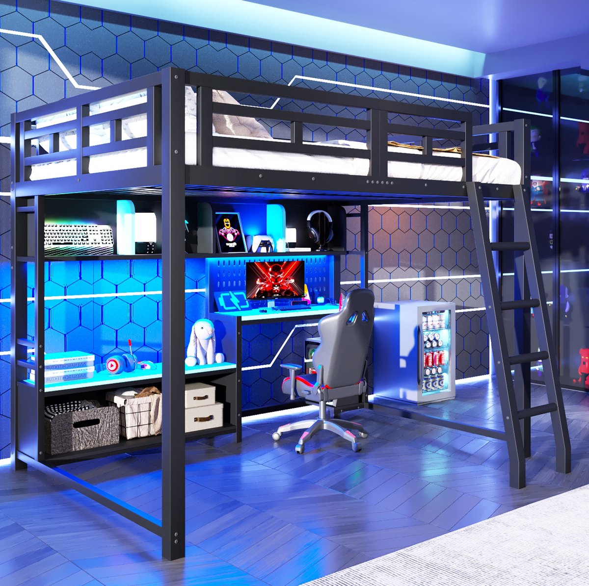 Hoogslaper met Bureau - 140 x 200 cm - Metaal en MDF - Zwart - LED-verlichting - Opbergrekken - Veiligheidsreling