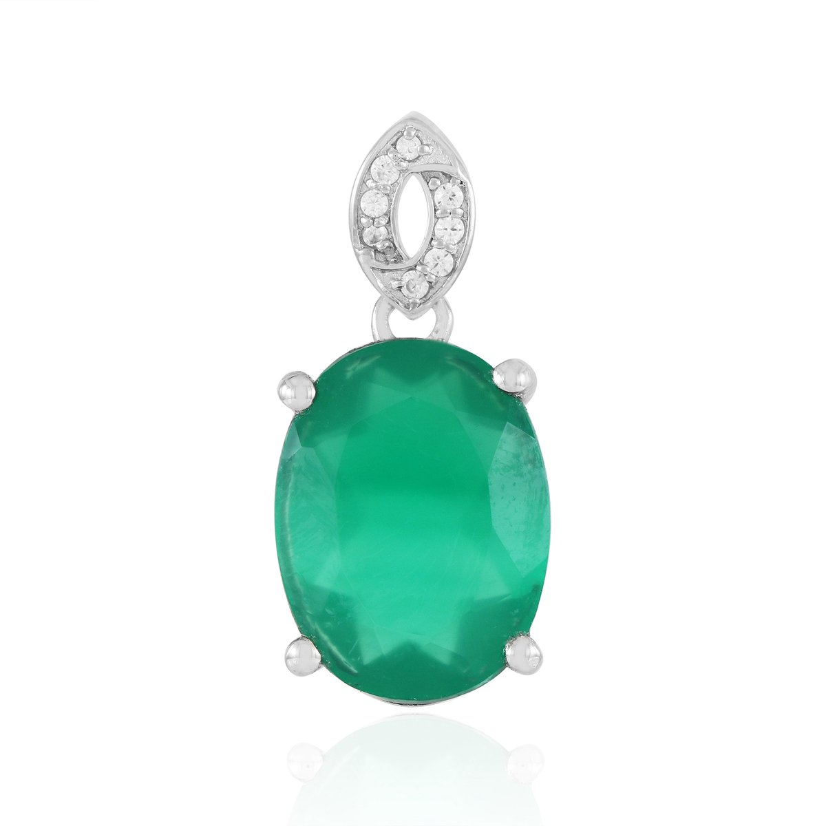 Cavill - Zilveren Dameshanger - 925 Sterling Zilver - Platina Geplateerd - Groene Agaat Ovaal 6,695 ct - Pavé Zirkonia 0,114 ct - Elegant Accessoire