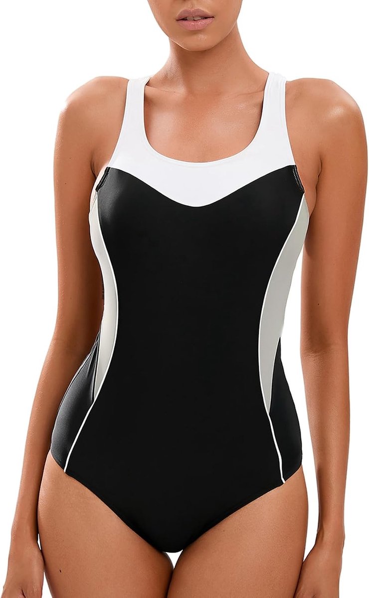Sportbadpak voor dames, racerback, zwart, sport, badmode, Oxidgrijs/zwart/wit, 46
