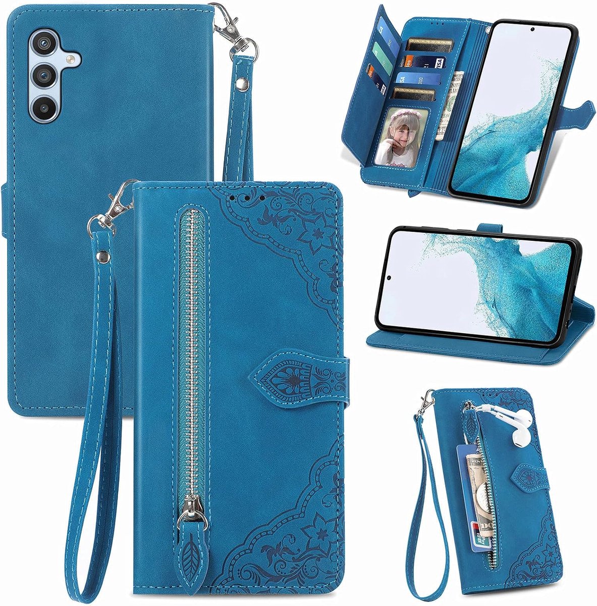 Hoes voor Samsung Galaxy A54 5G, standfunctie lederen telefoonhoes met grote capaciteit magnetische sluiting kaartsleuven compatibel met Samsung A54 5G - Blauw