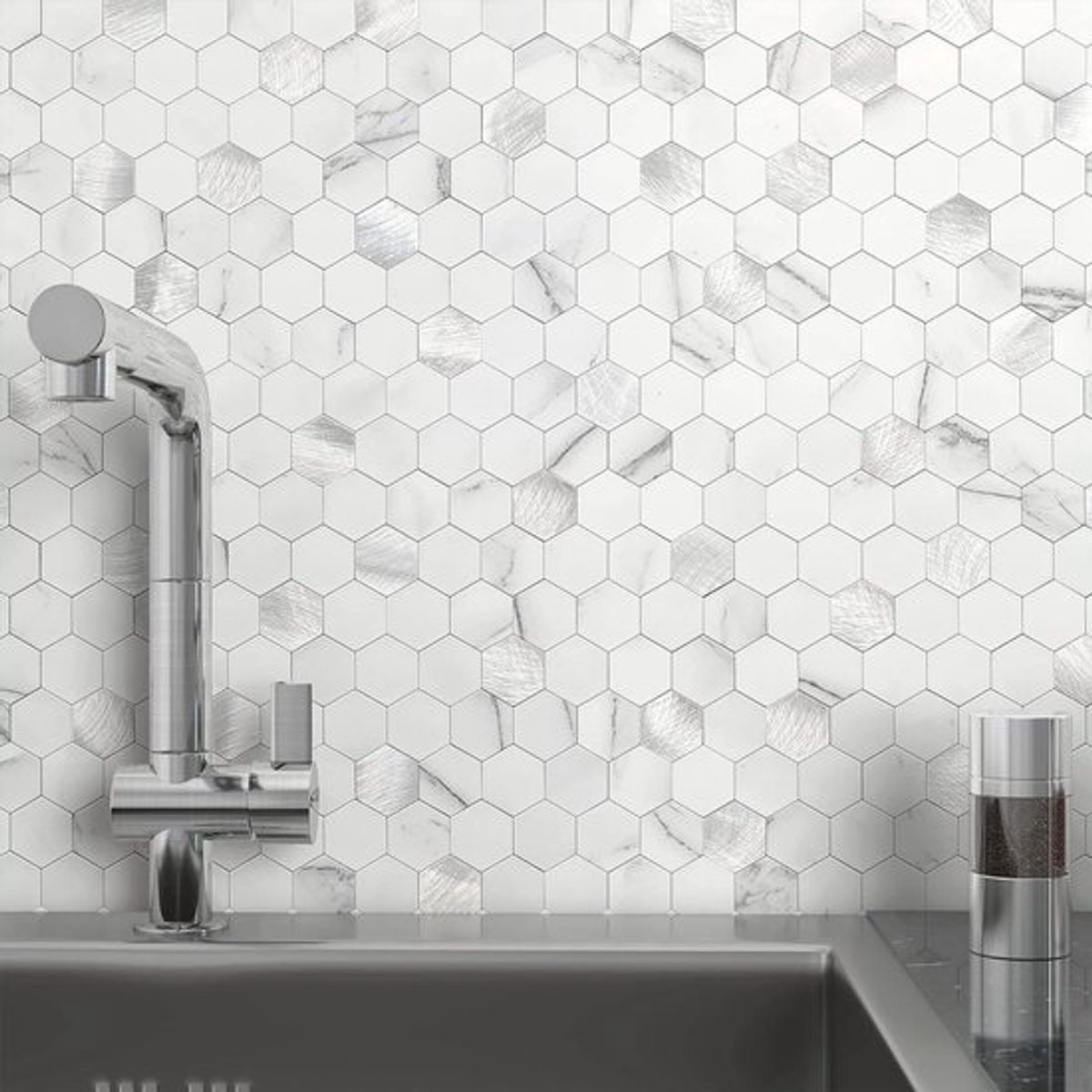 3D Zelfklevende Hexagon Wandtegelstickers voor Keuken en Badkamer - Marmereffect en Metaalmozaïek - Hittebestendig en Onderhoudsarm