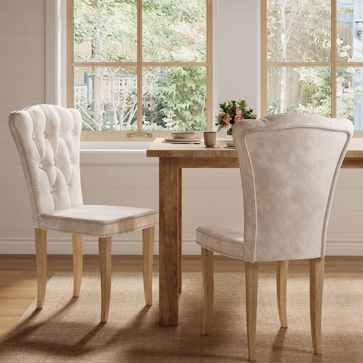 Eetkamerstoelen set van 2 beige fluweel met knooptufting, spijkerdecoratie en houten poten