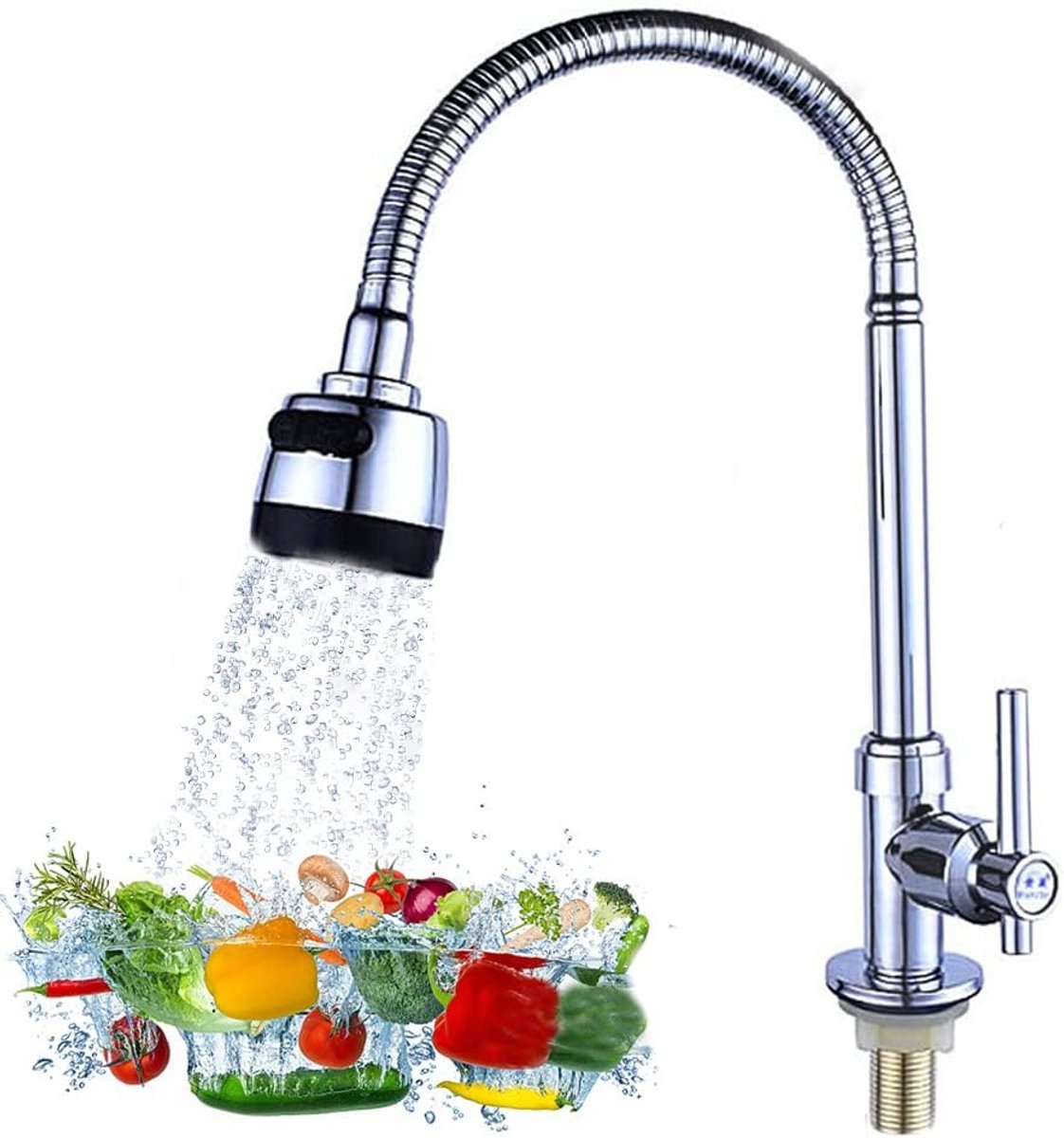 Wastafelkraan van roestvrij staal, mengkraan voor de keuken, 360° draaibaar, wastafelkraan, keukenkraan met sproeier en filterlaag (alleen koud water)