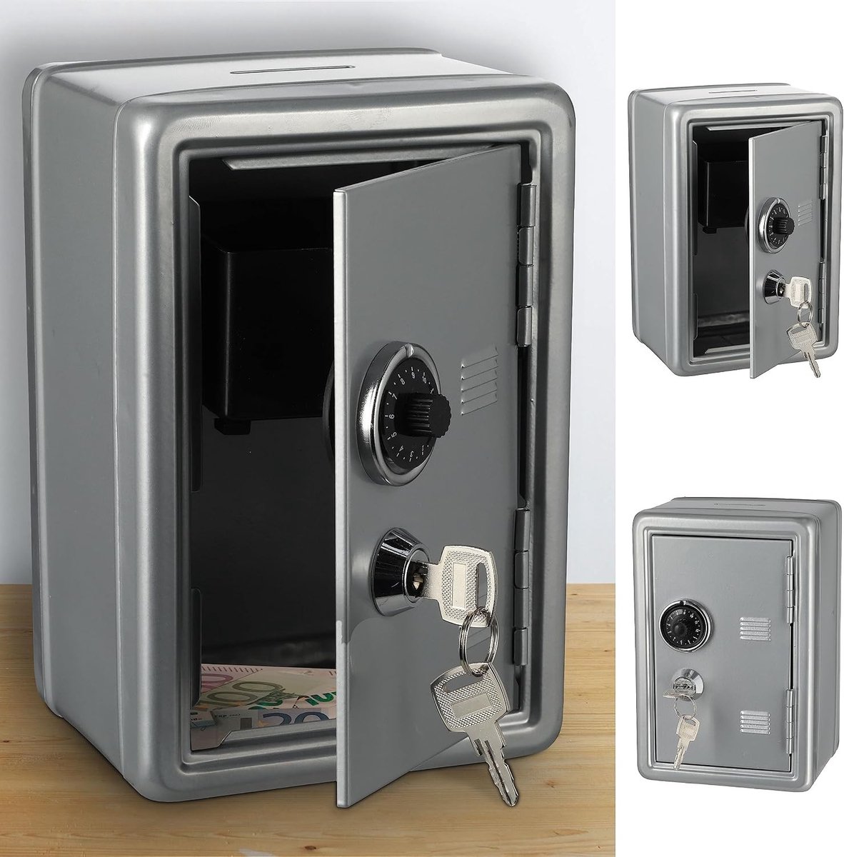 Digitale spaarpot - Zilver - 12 x 18 x 10 cm - Metalen Kluis met Sleutels en Combinatieslot - Voor Veilig Geld Opslaan