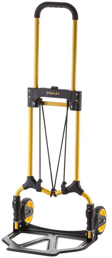 Gele steekwagen van Stanley met zwarte accenten en elastisch koord.