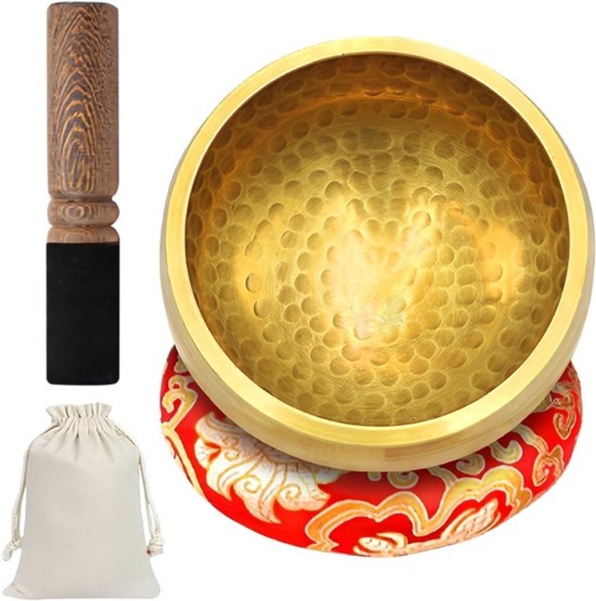 Tibetaanse klankschaalset - 8 cm met houten lepel en kussen - Voor meditatie, yoga en chakra healing