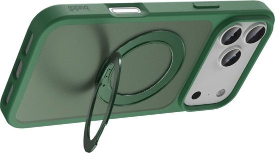 Groen telefoonhoesje met een ringstandaard aan de achterkant en een transparant paneel.