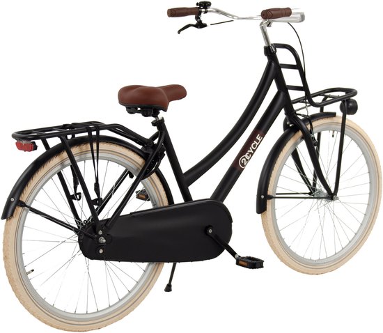Zwarte transportfiets met bruin zadel, bagagedragers, verlichting en crème banden.
