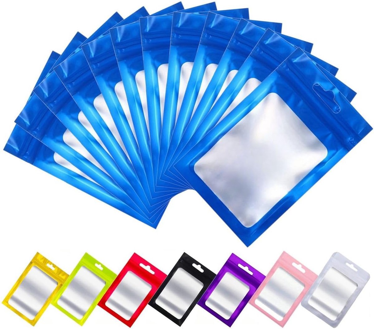 150 stuks Hersluitbare Mylar Zak, Ritssluiting Plastic Zakjes voor Voedsel, Rits Aluminiumfolie Zakken met Doorzichtig Venster, Ziplock Zakjes met Kleurverpakking (Blauw, 16x24 cm)