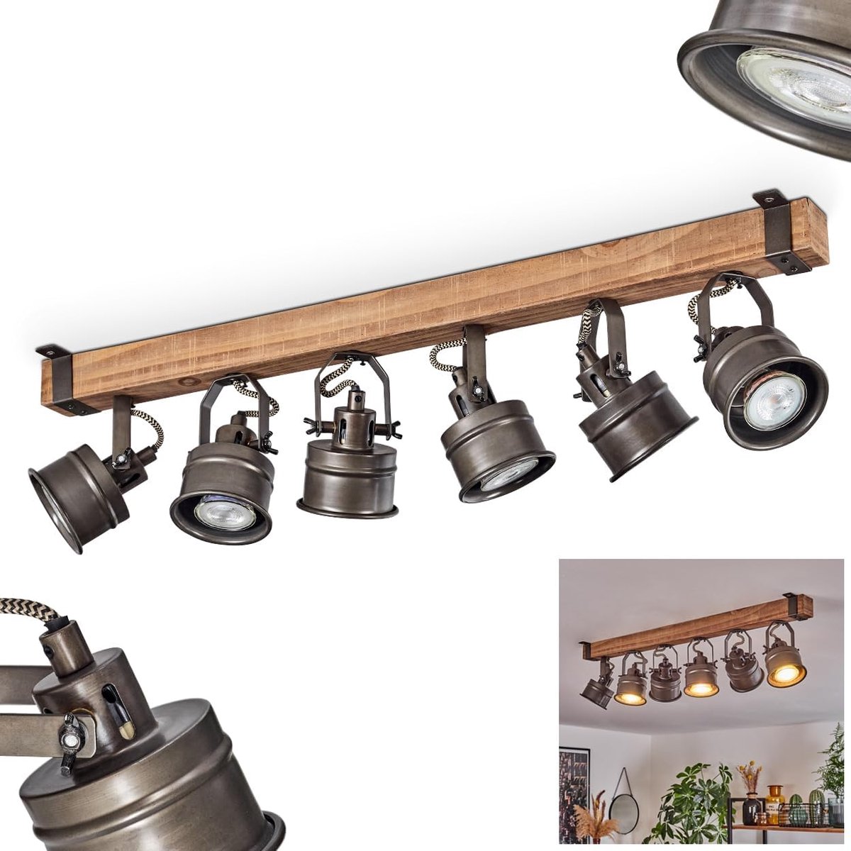 Plafondlamp Pehefito, plafondlamp van hout/metaal in bruin/zwart, plafondlamp in industrieel ontwerp met houten balken en verstelbare kappen, 6 x GU10, zonder gloeilampen