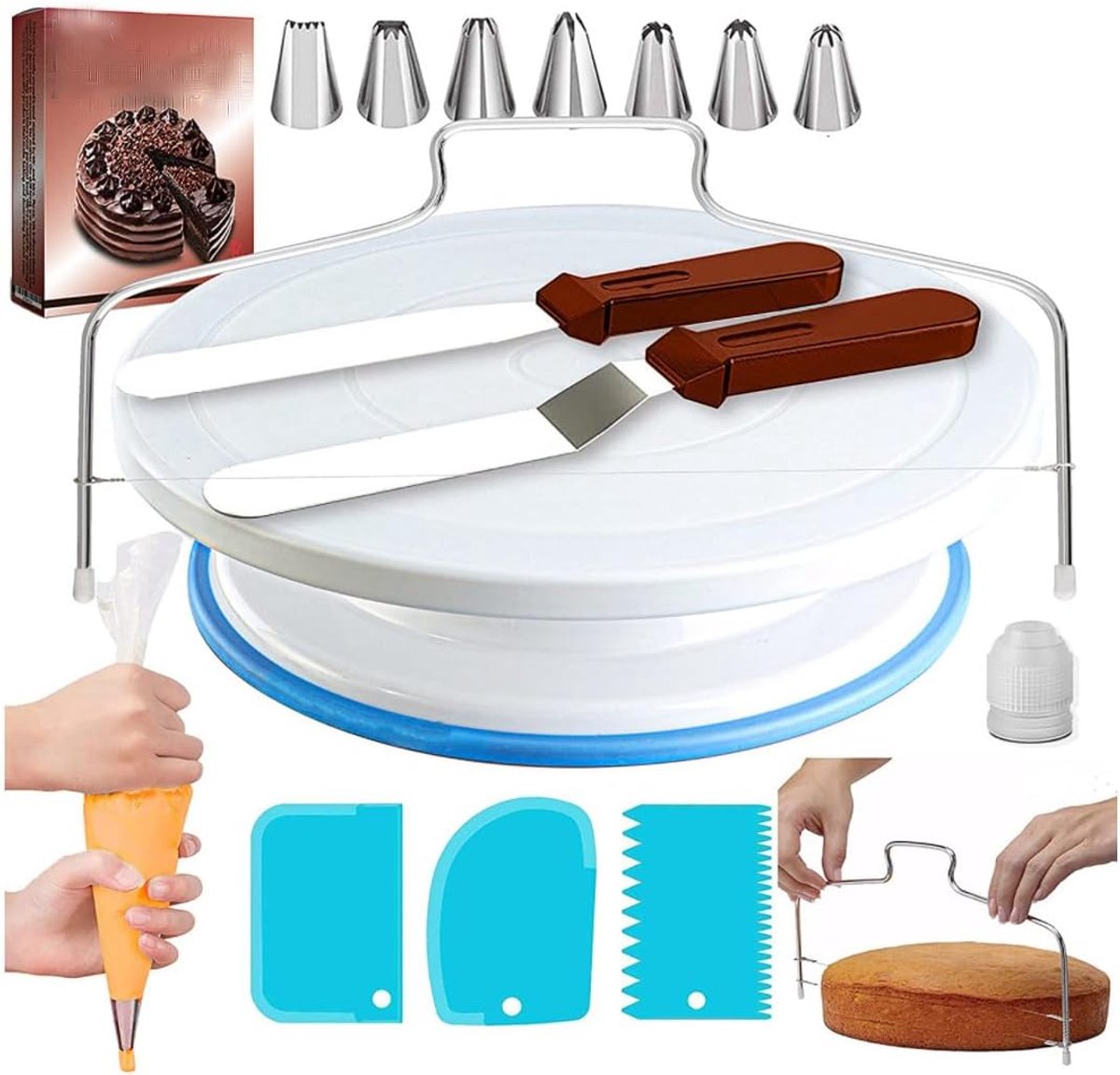 35-delige taartdraaitafel, glasspatels, taartschraper, spuitmonden gebak, doe-het-zelf kits voor decoratie keuken, bakvorm, gereedschap